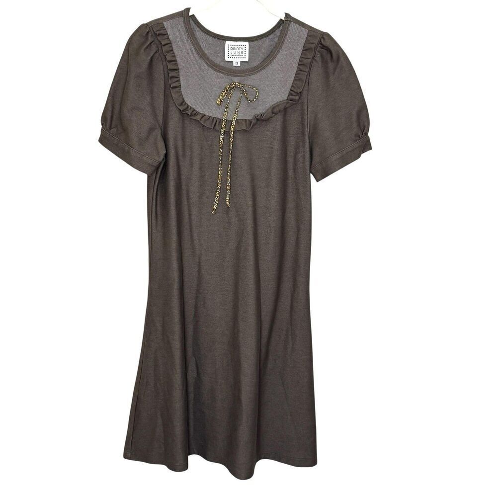 Vtg Dainty June Dress Size 12 Brown Puff Sleeve Ruffle Floral Bow Made USA